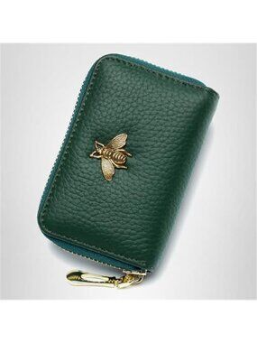 Small Leather RFID Blocking Zipper Card Wallet Green Bee Coin Pocket 12 Slots